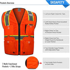 SKSAFETY 10 Pockets Professional Safety Vest, Class 2 Hi Vis Vest with Zipper, Reflective Strips, ANSI/ISEA Standard - Orange, 2XL