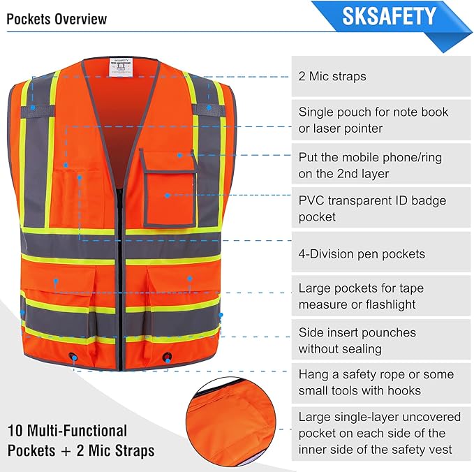 SKSAFETY 10 Pockets Safety Vest, Class 2 High Visibility Security with Zipper, Hi Vis Vest with Reflective Strips, ANSI/ISEA Standard, Construction Work Vest for Men ＆ Women （Orange, 4XL）