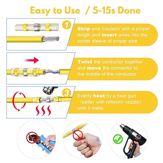 Kuject 200PCS Solder Seal Wire Connectors AWG 12-10, Yellow Solder Seal Heat Shrink Butt Connectors Terminals Solder Sleeve Waterproof Wire Splice Connector for Marine Boat Wire Joint