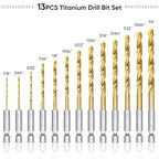 TICONN 13 PCS Titanium Coated Drill Bit Set with Hex Shank, 135 Degree Tip High Speed Steel Drill Bits Kit for Steel, Aluminum, Copper, Soft Alloy Steel Size from 1/16" to 1/4"