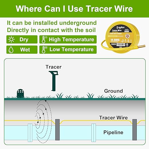 14 AWG Tracer Wire 600V 100% Solid Copper Conductor Direct Burial Underground, Yellow Tracer Wire for Locating Underground Pipes and Lines Gas Electrical Wire Water Sewer Pipe and Fiber Optic, 100 FT