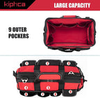 Tool Bag, Foldable Open 16 Inch Top Tool Bag Organizer for Easy Tool Access, Water-Resistant Construction, Electrician ToolBag with Handle & Padded Adjustable Strap, Red