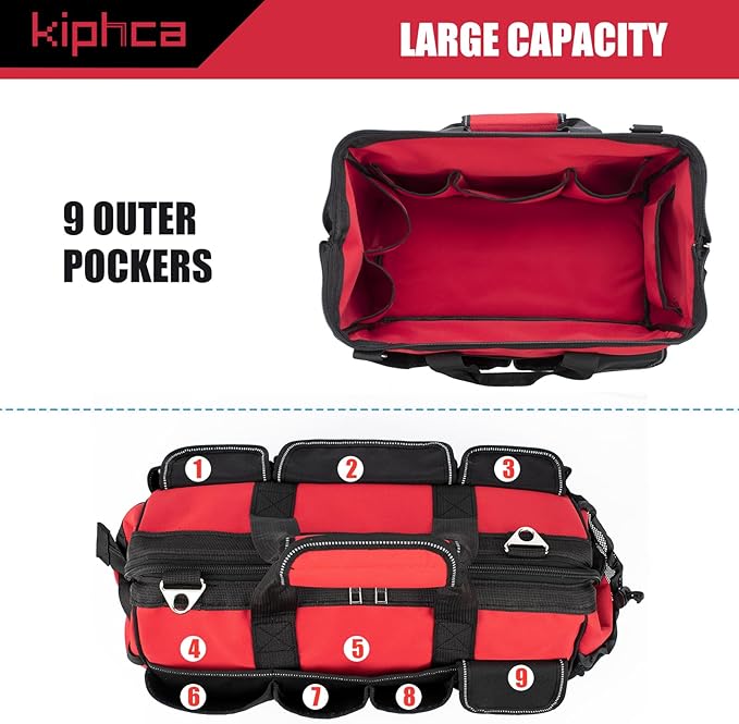 Tool Bag, Foldable Open 16 Inch Top Tool Bag Organizer for Easy Tool Access, Water-Resistant Construction, Electrician ToolBag with Handle & Padded Adjustable Strap, Red