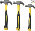 3 Pack of Claw Hammers (20 oz, 16 oz, 8 oz) with Sure-Grip Fiberglass Handles and Polished Steel Head