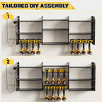 Power Tool Organizer with Charging Station Wall Mount, 3 Layer Expanded Heavy Duty Garage Organization, 45.5 Inch Length Garage Tool Storage, 8 Drills, 2 Assemble Method, Black