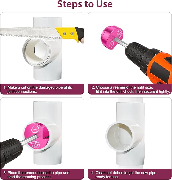 9 Pcs PVC Pipe Reamer Kit, PVC Fitting Saver Socket Saver Plumbing Tool with 1/2", 3/4", 1", 1-1/4", 1-1/2", 2", 2.5", 3" and 4" Head, Pipe Fitting Reamer for SCH40 CPVC ABS, Fits Standard 1/2" Drill