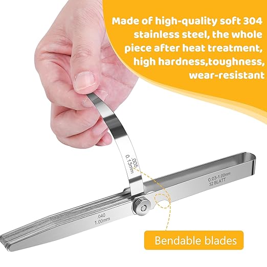 32 Blades Stainless Steel Feeler Gauge, Metric and Imperial Gap Measuring Tool Width and Thickness Feeler Gage Gauge for Spark Plug, Valve Adjustment Tool, 0.03-1mm (0.001-0.040 Inch)