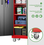 71" Metal Storage Cabinet with Wheels and Pegboard, Lockable Rolling Steel Storage Cabinet with 5 Adjustable Shelves and Door for Garage, Office, Kitchen, Assembly Required,Black and red