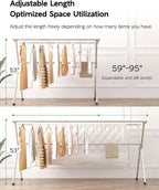 Clothes Drying Rack 95 Inches Folding Outdoor Indoor, Drying Rack Clothing Collapsible, Foldable Laundry Drying Rack, Heavy Duty Stainless Steel Clothesline, 20 Hooks 12 Clips