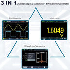 HANMATEK 3 in 1 Handheld Oscilloscope Multimeter with 2 Channels HO52S 3.5"TFT Oscilloscop, 50Mhz Waveform Generator Multimeter Backlit Screen, Auto-Calibration Function, Memory Function, Multi Tester
