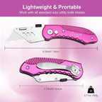 Vickay Folding Utility Knife, Box Cutter with 5 SK5 Quick Change Blades, Safety Axis Lock Design Razor Knife, Lightweight Aluminum Handle Belt Clip for Office Home Artcraft (Hot Pink)
