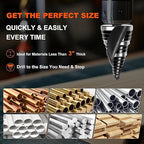 COMOWARE Step Drill Bit, 12 Sizes from 1/4" to 1-3/8", High Speed Steel Step Bit with 2 Spiral Flutes, 3-Flat Shank, Steps Bits for Metal, Aluminum/Wood/Plastic/Iron, Unibit for Electricians & DIY
