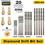 Drilax 24-Piece Diamond Drill Bits Set (1mm, 1.5mm, 2mm, 2.5mm) Compatible with Dremel Rotary Tools – Includes 4 Collets – Diamond Tipped Drill Bit for Stone, Glass, Sea Shells & Jewelry Making Tools