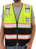 Dib Safety Reflective Mesh Vest High Visibility Two Tone with Pockets and Zipper, Yellow and Black Mesh with Orange Trim L