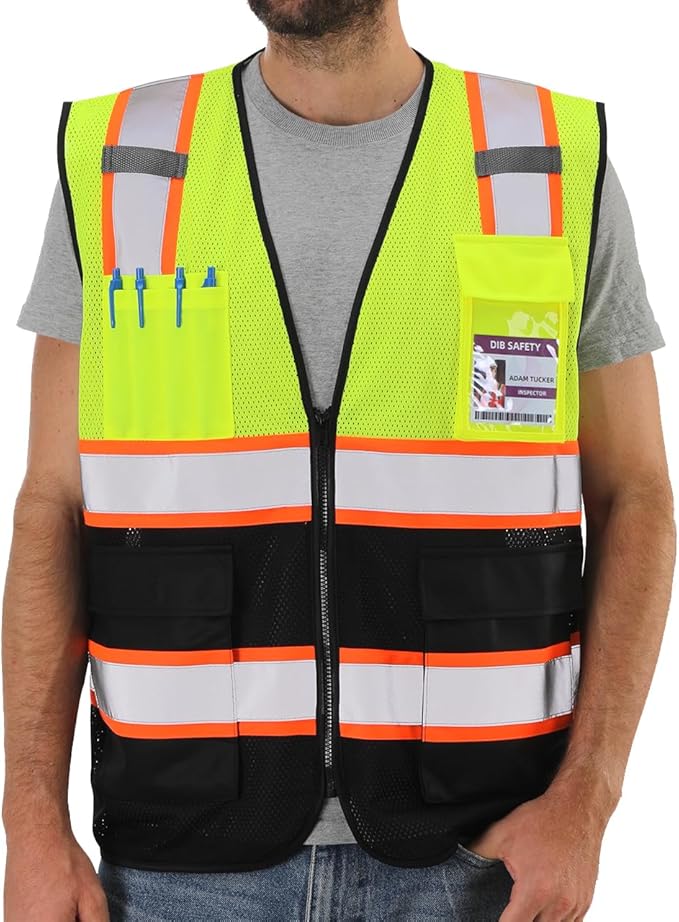 Dib Safety Reflective Mesh Vest High Visibility Two Tone with Pockets and Zipper, Yellow and Black Mesh with Orange Trim L