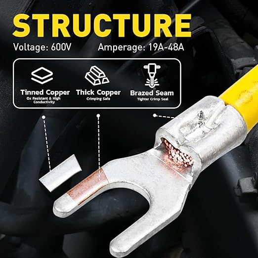 haisstronica 50pcs #8 Fork Terminals,AWG 12-10 Brazed Seam Non-Insulated Copper Wire Connectors