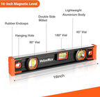 ValueMax 16-Inch Level, Magnetic Torpedo Level with 45°/90°/180° Bubbles, Aluminum Alloy Body, Precision-Machined Base, Shockproof Rubber End Caps, V-Groove & Hanging Hole for Construction, Carpentry