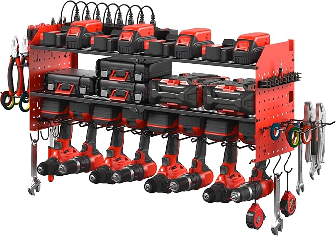 JUNNUJ Large Pegboard Power Tool Organizer with Charging Station, 8 Drills Driver and Tools Battery Holder Wall Mount with 8 Outlet Power Strip, Red 3-Layer Shop Garage Storage Utility Rack