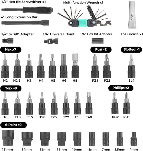 1/4 Torque Wrench with Bike Tire Repair kit, 37Pcs Dual-Range【1-26 Nm/10-231.3 in.lb】±3% Precision Inch Pound Torque Wrench, 72 Tooth Dual-Direction for MTB, E-Bike, Moto Maintenance