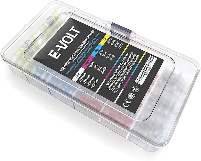 E-VOLT 200 PCS Solder Seal Wire Connectors Low Temp Soldering Heat Shrink Butt Connector Terminals - Electrical Waterproof Insulated Marine Automotive Trailer White, Red, Blue, Yellow