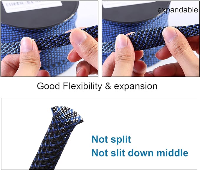 100ft - 1 inch PET Expandable Braided Sleeving – BlackBlue – Alex Tech Braided Cable Sleeve