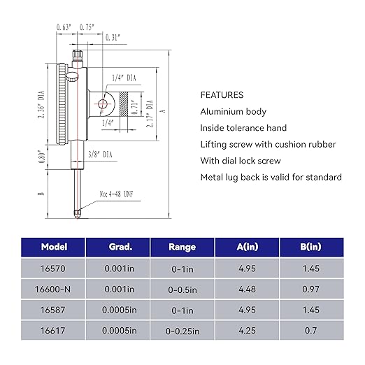 HFS(R) 0-1" Dial Indicator Lathe Tool High Precision, 1" Measuring Range, 0.001" Graduation Interval