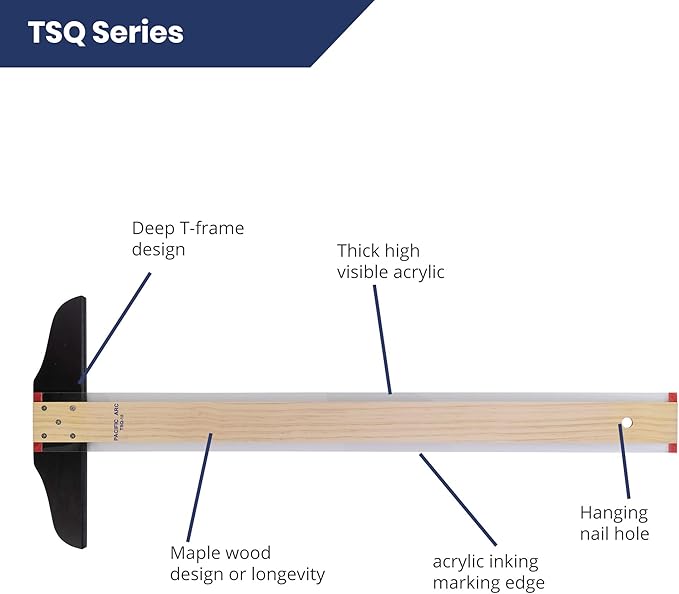 Pacific Arc 42 Inch T Square, Traditional Maple Blade with Acrylic Edge
