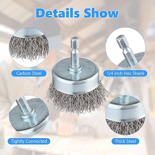 Rocaris 10-Pack Carbon Steel Wire Wheel, Cup, Pen Brush Set with 1/4-Inch Hex Shank for Rust Removal, Corrosion and Scrubbing Surfaces