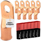 SELTERM 10pcs - 2/0 Awg - 3/8" Stud - Battery Lugs - Ring Terminal Connectors | with 12pcs 3:1 Black & Red Heat Shrink Tubing with Adhesive | Heavy Duty Battery Cable Ends - Bare Copper Wire Lugs Kit