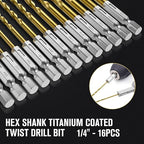 Hex Shank Drill Bit Set, 16Pcs 1/4“ HSS Titanium Twist Drill Bit for Sheet Metal, Wood, Plastic, Quick Change Design