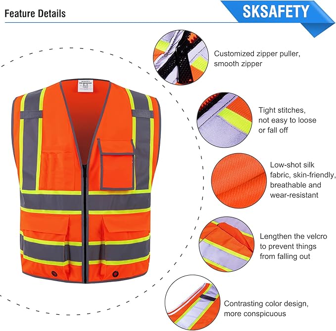SKSAFETY 10 Pockets Safety Vest, Class 2 High Visibility Security with Zipper, Hi Vis Vest with Reflective Strips, ANSI/ISEA Standard, Construction Work Vest for Men ＆ Women （Orange, 2XL）
