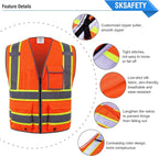SKSAFETY 10 Pockets Safety Vest, Class 2 High Visibility Security with Zipper, Hi Vis Vest with Reflective Strips, ANSI/ISEA Standard, Construction Work Vest for Men ＆ Women （Orange, M）