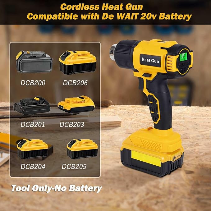 Compatible with Cordless Heat Gun Dewalt 20V Battery,LED Light,350W Fast Heating Hot Air Gun 122℉-1022℉ Variable Temperature Control,5 Nozzle for Craft Shrinking PVC Stripping Paint-No Battery