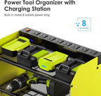 CCCEI Modular Power Tool Organizer Wall Mount Charging Station, Green 6 Drills Holder with 8 Plug Power Strip 6FT, Garage Drill Battery Heavy Duty Metal Shelf, Utility Rack with Hooks, Side Storage.