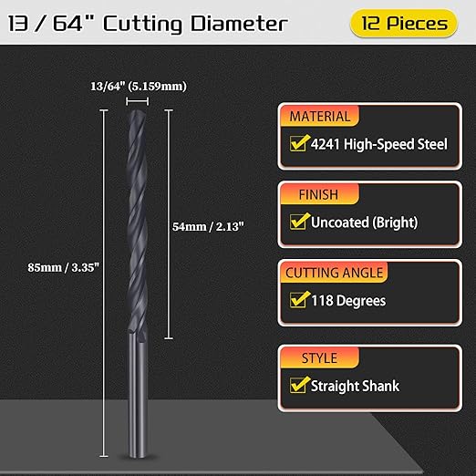 Drill Bit, 13/64" Cutting Diameter, 4241 HSS Nitriding Black 118° Cutting Angle Versatile Jobber Bits - (Applications: for Drilling Plastic Wood Soft Metal), 12-Pieces