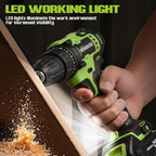 WORKBLESS 21V Power Drill Set, Cordless Drill with Battery and Charger, 3/8'' Keyless Chuck, Variable Speed, 18+1 Torque Setting and 28pcs Drilling/Driver Bits Tool Set(Green)