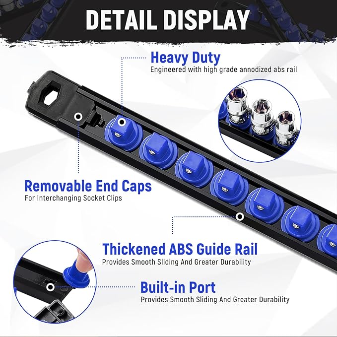 Magnetic Socket Organizer, 1-Piece Heavty Duty ABS Socket Holder, Socket Rail for Tool Box, Premium Quality 360° Swivel Socket Rack with 14 Clips for 3/8-Inch(Blue)