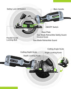 WORKPRO 5.8Amp 3500RPM Circular Saw with Parallel Guide, Maximum Cutting Depth 1-11/16″(90°),1-1/8″(45°), Compact Circular Saw with Three 4-1/2" Blades for Wood, PVC, Tile, Cement Block