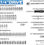 KELIN Socket Wrench Set 108 Pcs,1/4-Inch and 3/8-Inch Drive Socket Set with 72 Tooth Reversible Ratchets, Metric Bit Socket Set and Extension Bar for Auto Repairing and Home Use