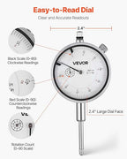 VEVOR Dial Test Indicator, 0.001 inch Accuracy, 0-1 inch Measuring Range, Easy to Read Large Dial, Professional for Internal Diameter Measurement, Runout Detection, Flatness Inspection