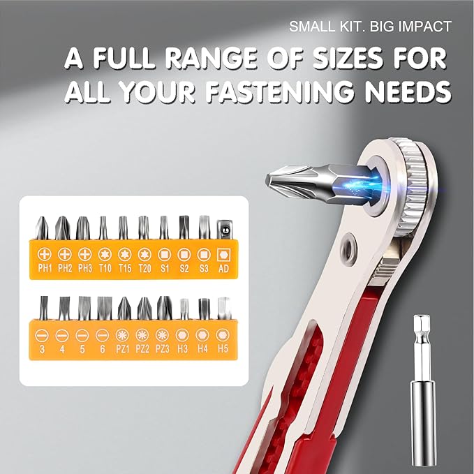 22-in-1 Magnetic Ratchet Screwdriver Set w/Reversible Wrench & Bits | Compact for Tight Spaces, DIY/Home/Car Repairs | Best Gift for DIYers, Handymen & Men