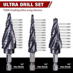 Four Spiral Flute Cobalt Step Drill Bit, 3pcs(1/4"-7/8") M35 Cobalt Step Drill Bit Wear-Resistant AlTiN Coated, 1/4" Hex Shank Hole Drill in Stainless Steel, Copper, Aluminum, Wood, Plastic