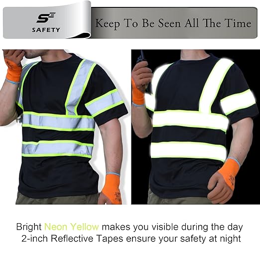 sesafety High Visibility Shirts for Mens Class 3 Hi Vis Reflective Construction Shirts for Men with Pocket Safety T Shirts for Men Work Shirt for Mens Short Sleeve Black Yellow Strips 2XL