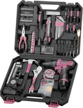 Drill Tool Kit: 12V Cordless Power Drill Home Tool Set 142 Piece, Pink
