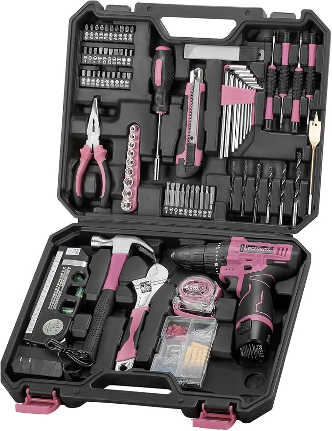 Drill Tool Kit: 12V Cordless Power Drill Home Tool Set 142 Piece, Pink