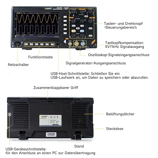 OWON Digital Oscilloscope with Dual-Channel Channels and Screen 7 inch, TFT-LCD Display, Portable Oscilloscope with 1GS/s Sampling Rate, Bandwidth 200MH,8K Waveform Length,SDS220S