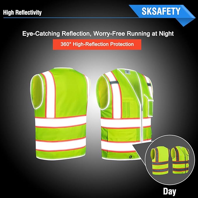 SKSAFETY 10 Pockets Safety Vest, Class 2 High Visibility Security with Zipper, Hi Vis Vest with Reflective Strips, ANSI/ISEA Standard, Construction Work Vest for Men ＆ Women （Lime, 4XL）
