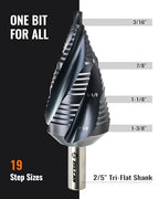 ZELCAN 19 Sizes M35 Cobalt Step Drill Bit, 3/16" to 1-3/8" Four Spiral Flute Drill Bit for Metal, Titanium-Coated HSS Step Bit with 2/5" Tri-Flat Shank for Stainless Steel Aluminum Copper Wood Plastic