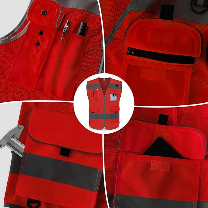 TCCFCCT Mesh Reflective Vest 9 Pockets High Visibility Safety Vest for Men Women, Hi Vis Construction Vest with Reflective Strips, Meets ANSI/ISEA Standards, (Red, Small)