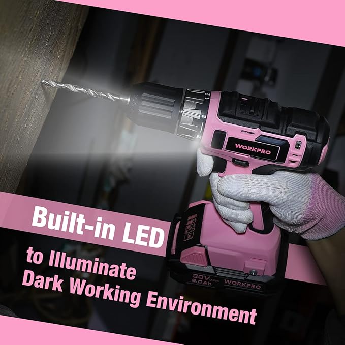 WORKPRO 20V Pink Cordless Drill Driver Set, 3/8” Keyless Chuck, 2.0 Ah Li-ion Battery, 1 Hour Fast Charger and 11-inch Storage Bag Included - Pink Ribbon